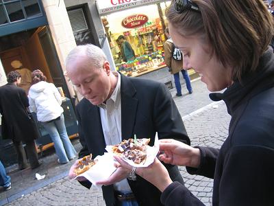 Marita and Dad eat waffles